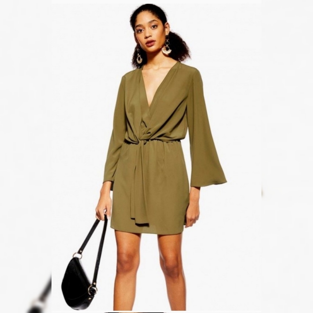 TOPSHOP Olive Green Tie Front Mini Dress - Picture 1 of 9